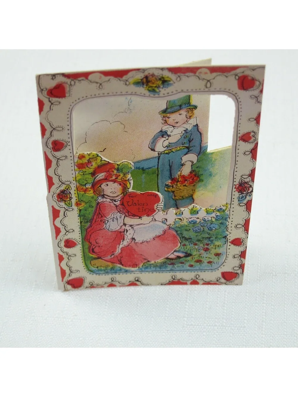 Vintage Valentine Die cut Fold 3D Card Cute Girl & Boy Garden 1920s-30s UNSIGNED